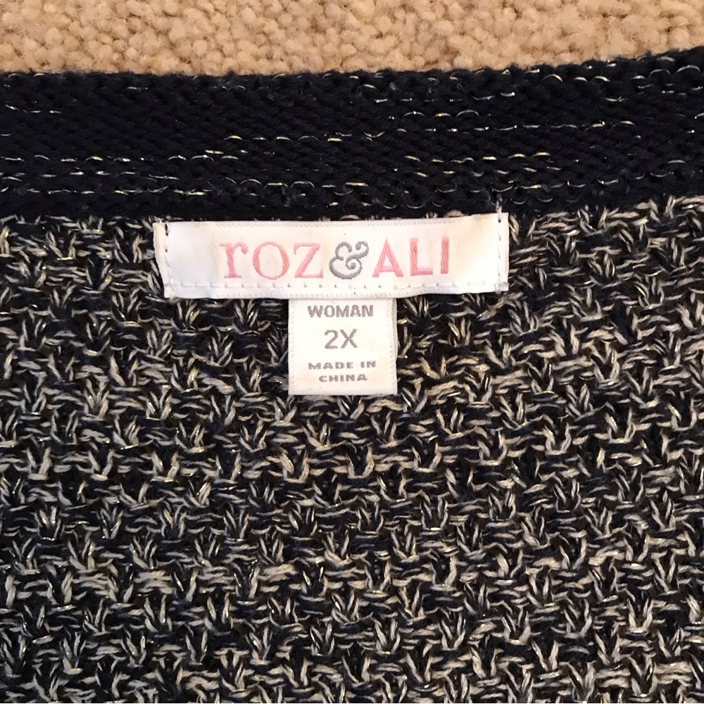 Roz Ali Cardigan Sweater Womens Size 2X Navy Gold Open Front Metallic Shimmer - Picture 4 of 8